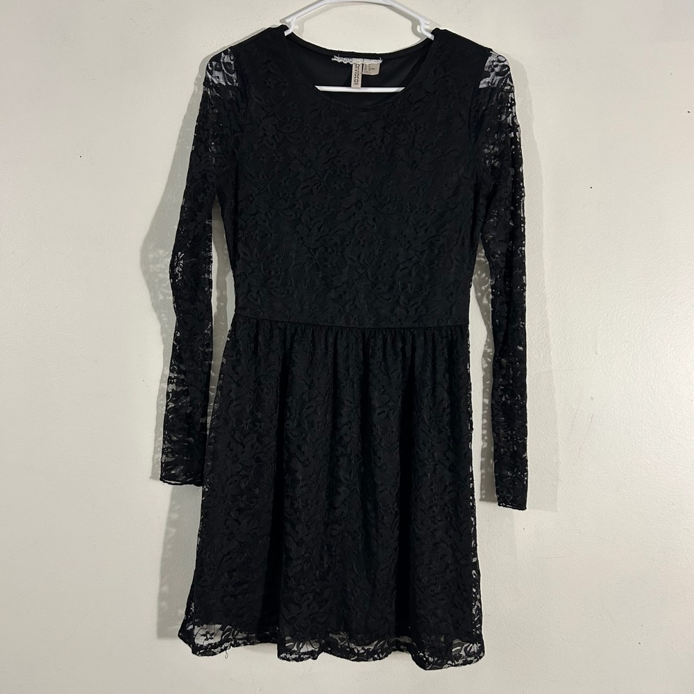 H&M Divided Lace Dress Womens Small Black Long Sleeve Fit Flare LBD